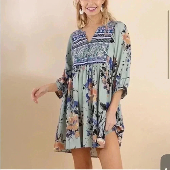 Umgee Sage V-Neck Floral Peasant Dress Women’s SM- gorgeous Boho BEAUTY Size M - Picture 1 of 11